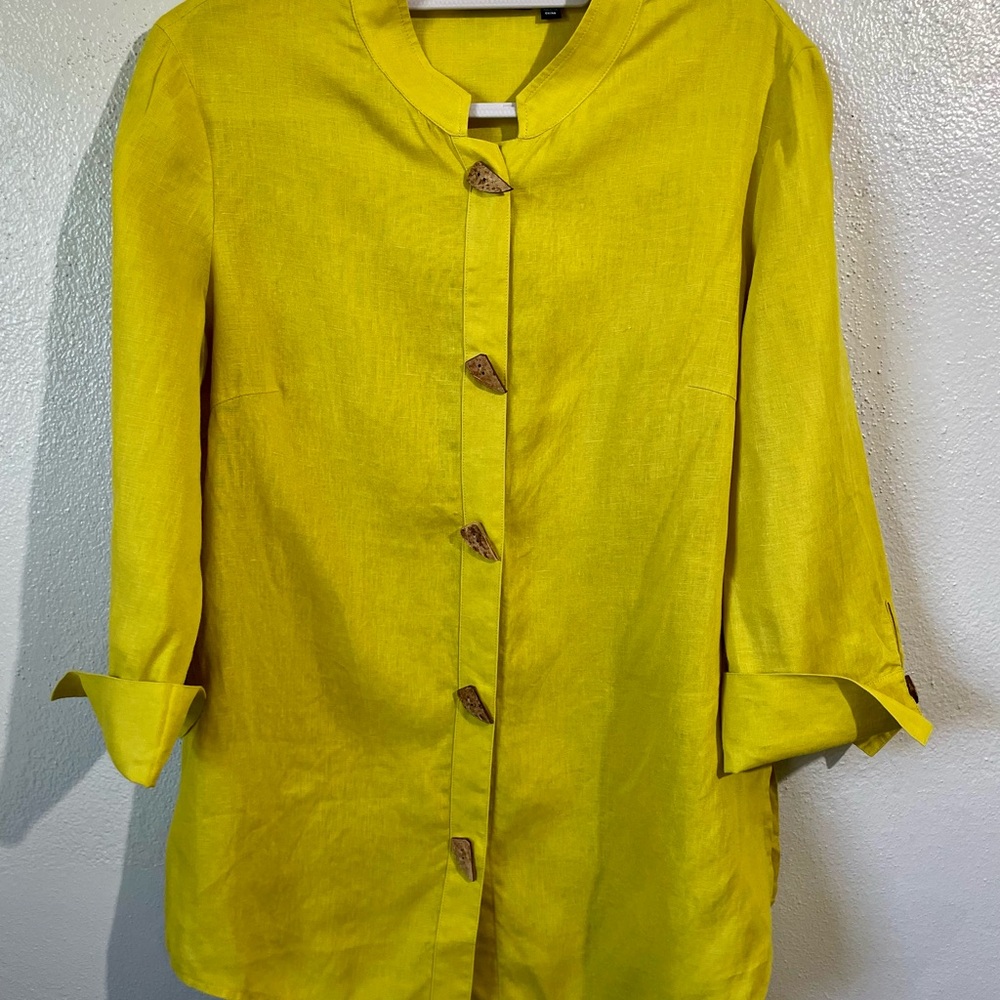 Carlisle 100% Linen Shirt Yellow Button Front 3/4 Sleeve 12 Lagenlook Elevated